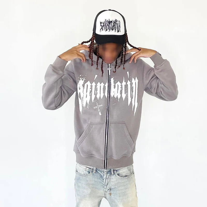 Y2k Trendy Cross Graphic Zip-Up Hoodie
