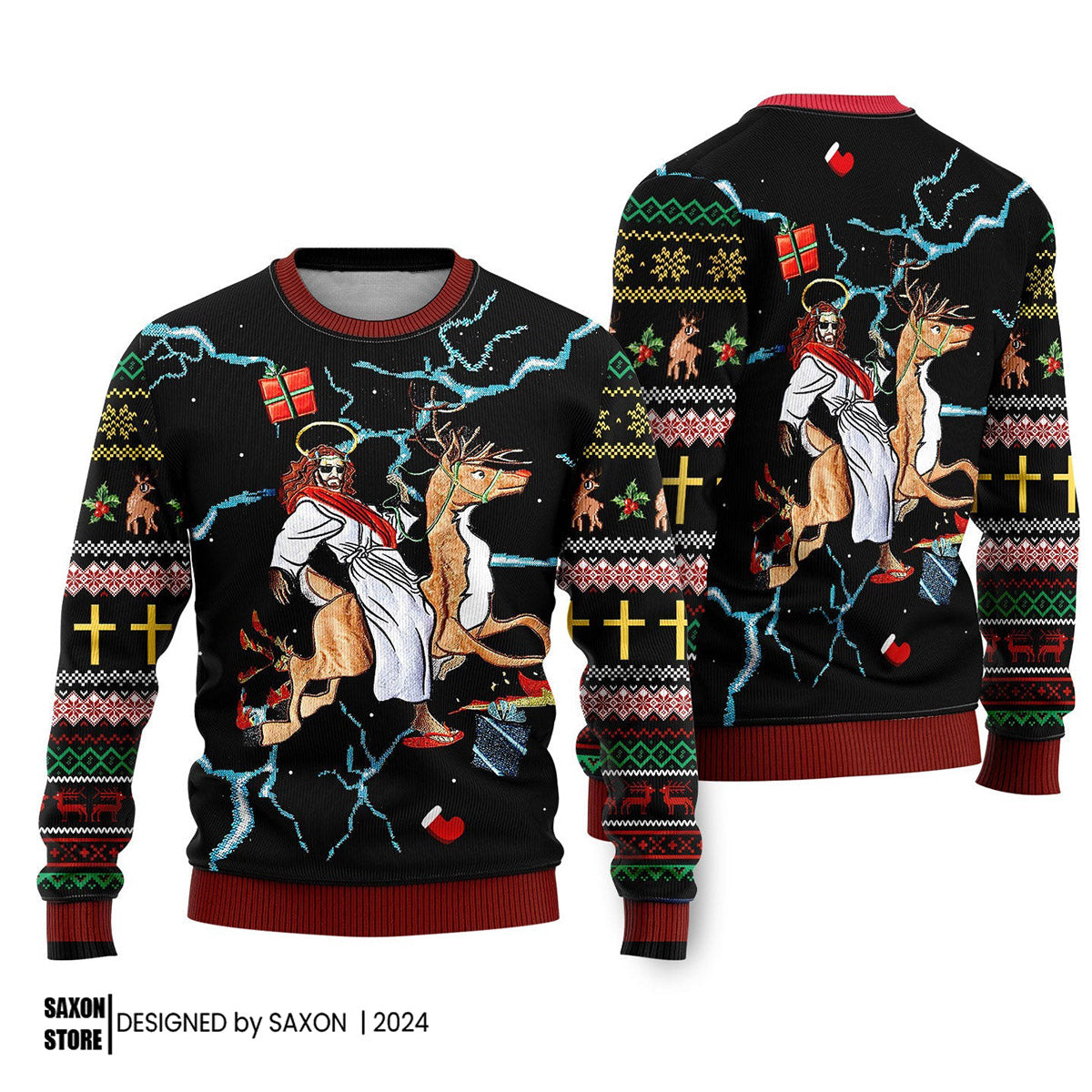 Christian Riding Reindeer Black Ugly Christmas Sweater