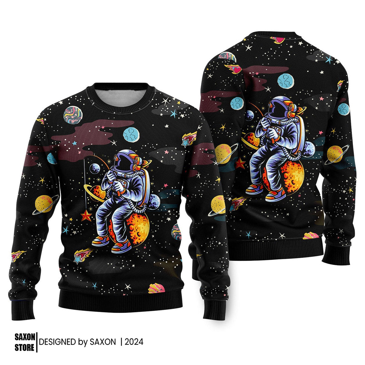 Funny Astronaut Fishing In Space Ugly Christmas Sweater