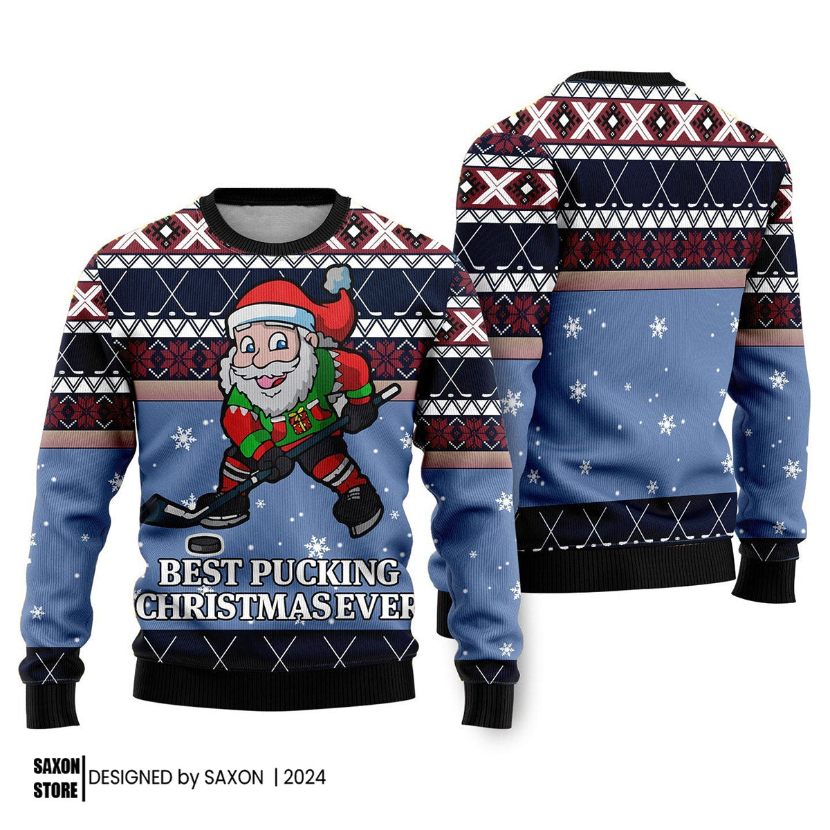 Funny Santa Playing Hockey Ugly Christmas Sweater