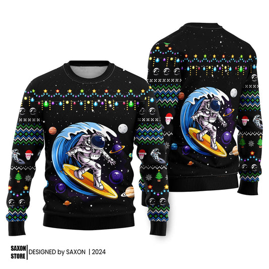 Astronauts Surf On A Surfboard In Space Ugly Christmas Sweater