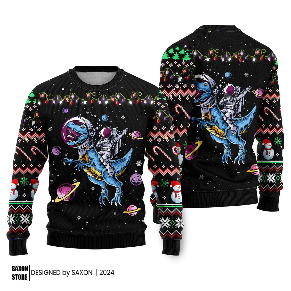 Funny Astronauts Ride A T-rex In Space With The Planet Ugly Christmas Sweater