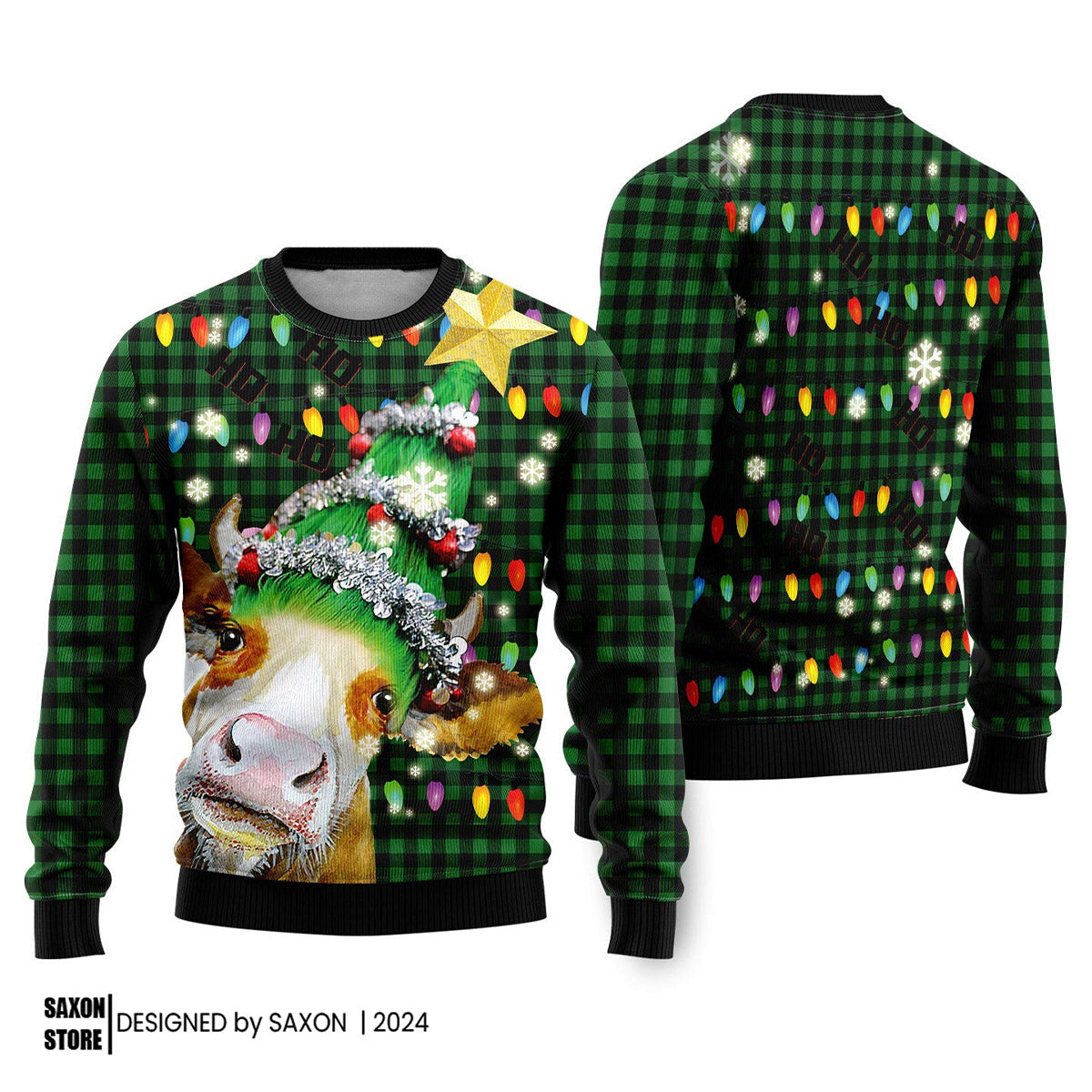 Ho Ho Ho Cow Christmas Tree Ugly Christmas Sweater