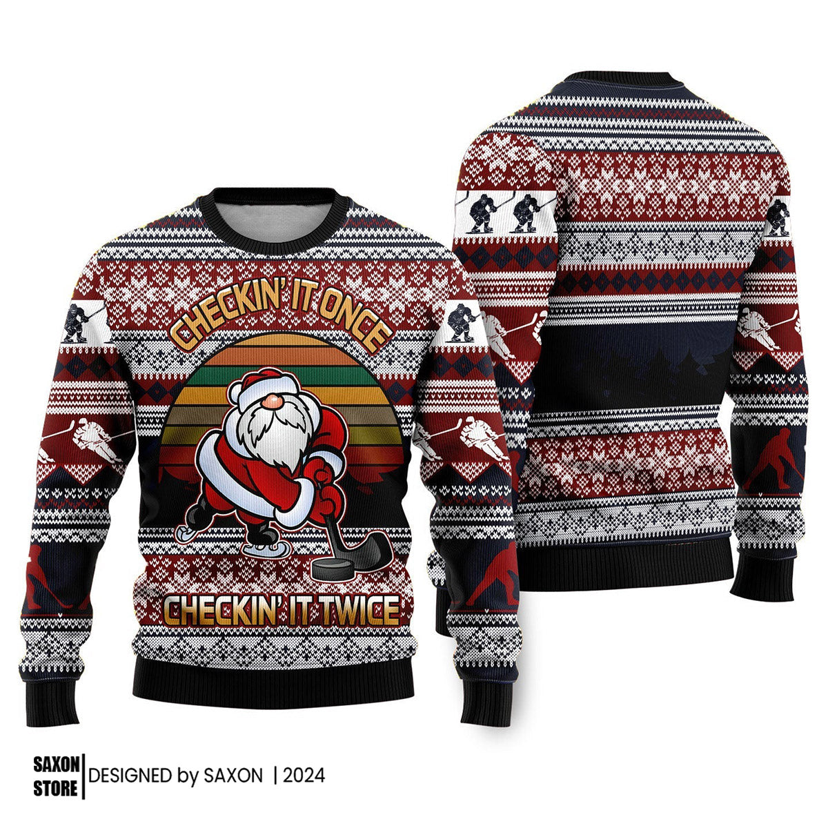 Hockey Checking It Once Checking It Twice Ugly Christmas Sweater