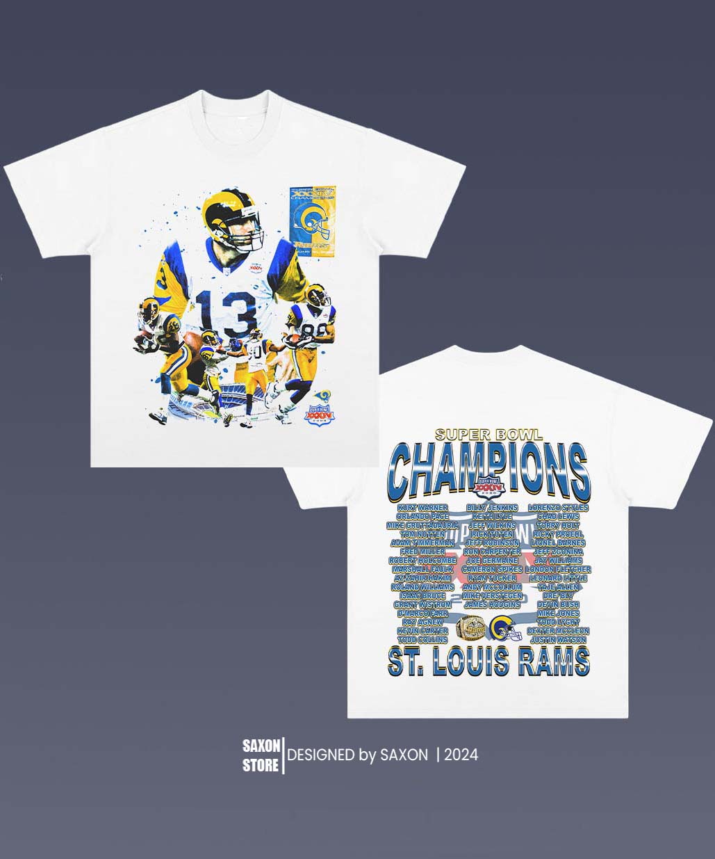 SUPER BOWL XXXIV CHAMPS RAMS 1.0 TEE - AMERICAN FOOTBALL GRAPHIC TEE