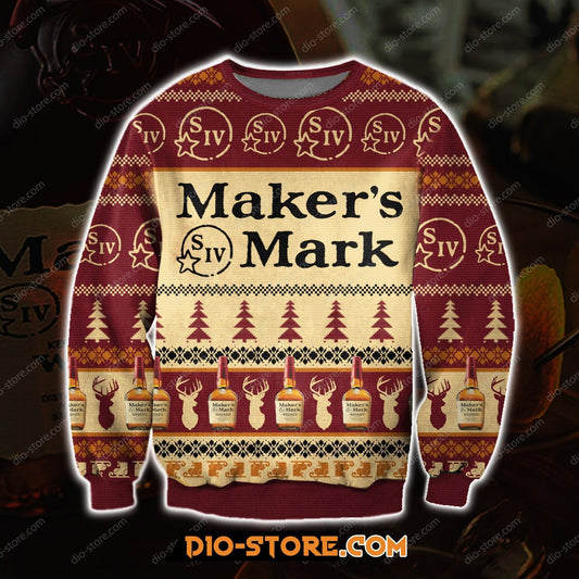 3D Knitting Pattern Print Makers Mark Whiskey Ugly Christmas Sweatshirt Hoodie All Over Printed