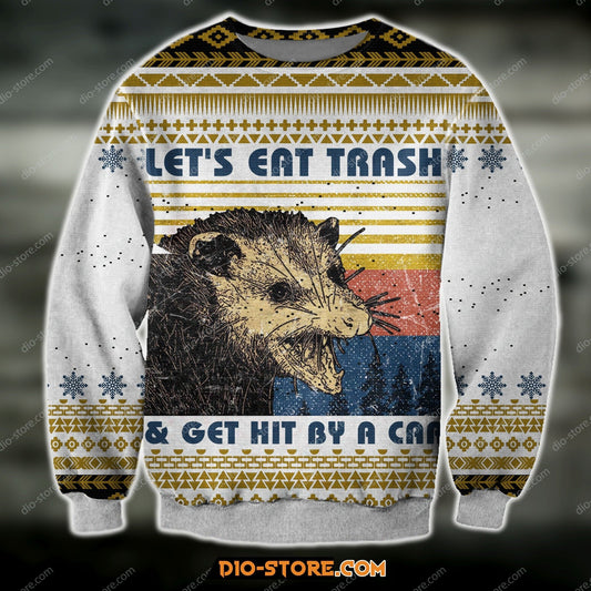3D Knitting Pattern Lets Eat The Trash Get Hit By A Car Ugly Christmas Sweater Hoodie All Over Printed